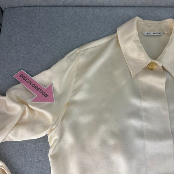 St. John Ivory Silk Button-Up Blouse Size 14 Long Sleeves Gold Buttons FLAWED - Picture 15 of 16